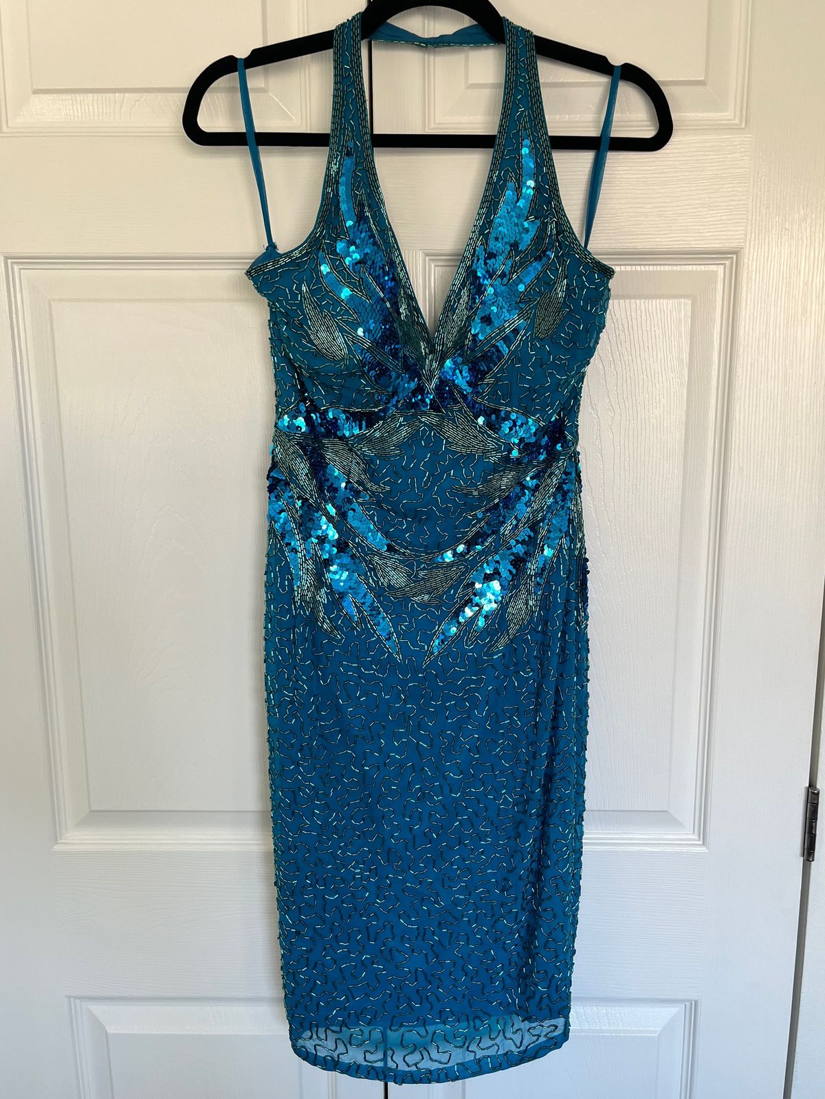 Size 4 Halter Satin Blue Cocktail Dress on Queenly