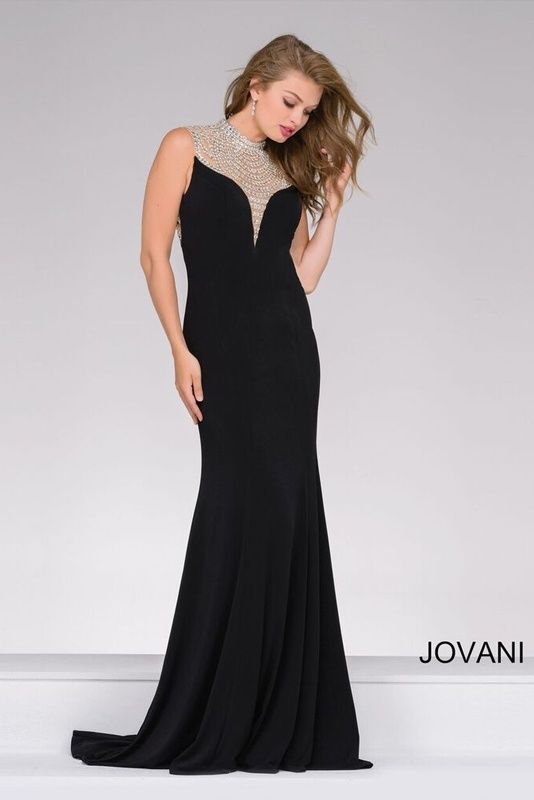 Style 42240 Jovani Size 6 High Neck Sequined Black Mermaid Dress on Queenly