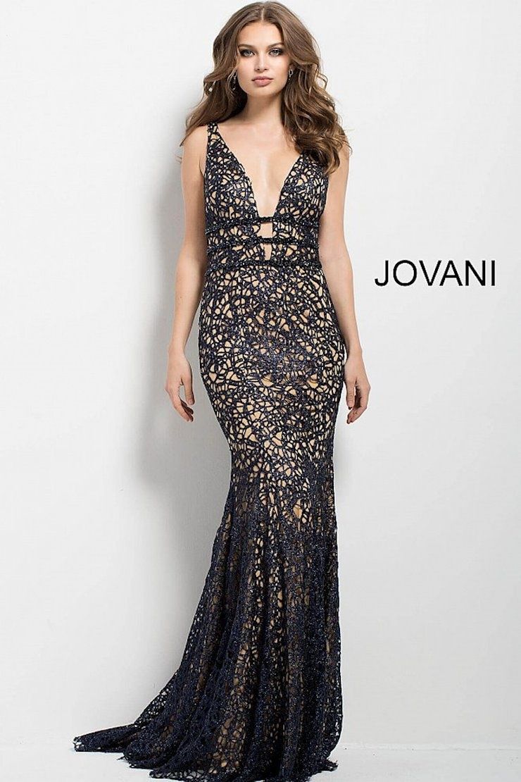 Style 50923 Jovani Size 2 Plunge Lace Blue Mermaid Dress on Queenly