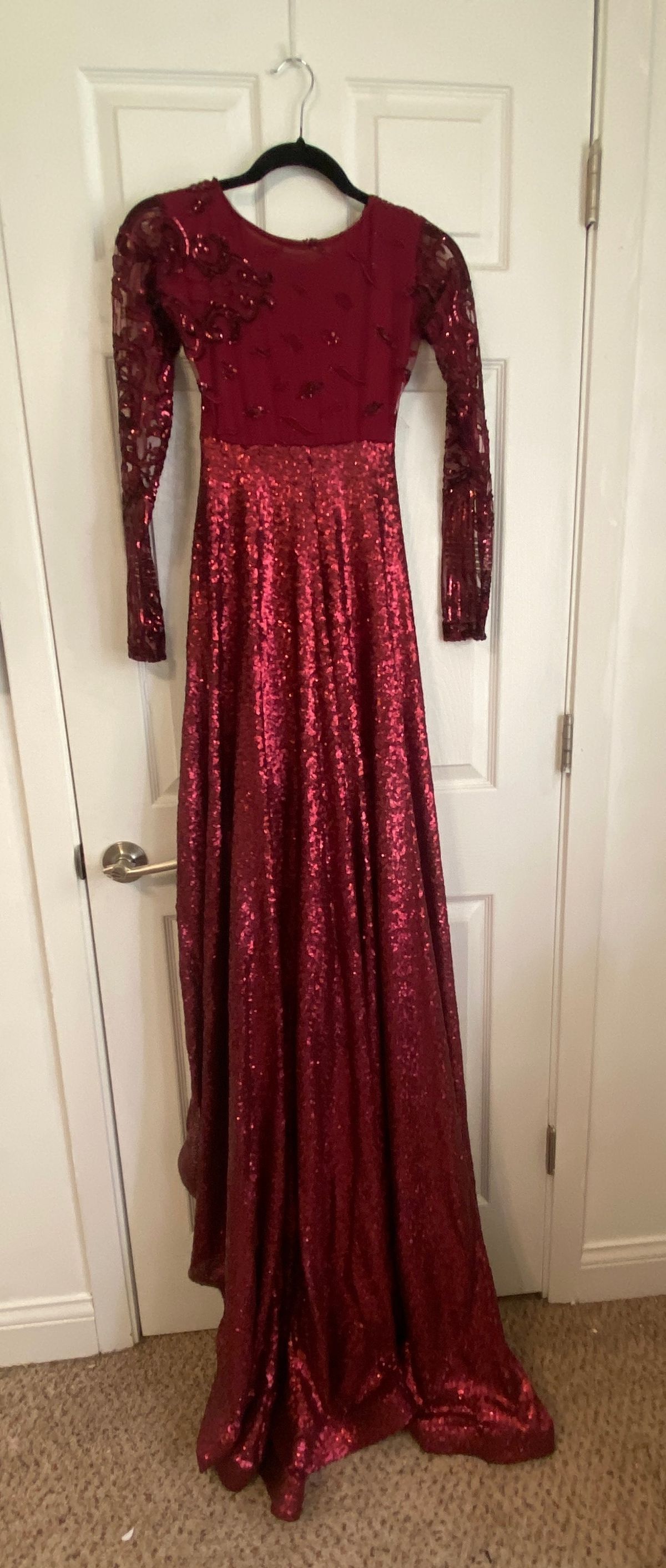 Size XS Prom Long Sleeve Burgundy Red Dress With Train on Queenly