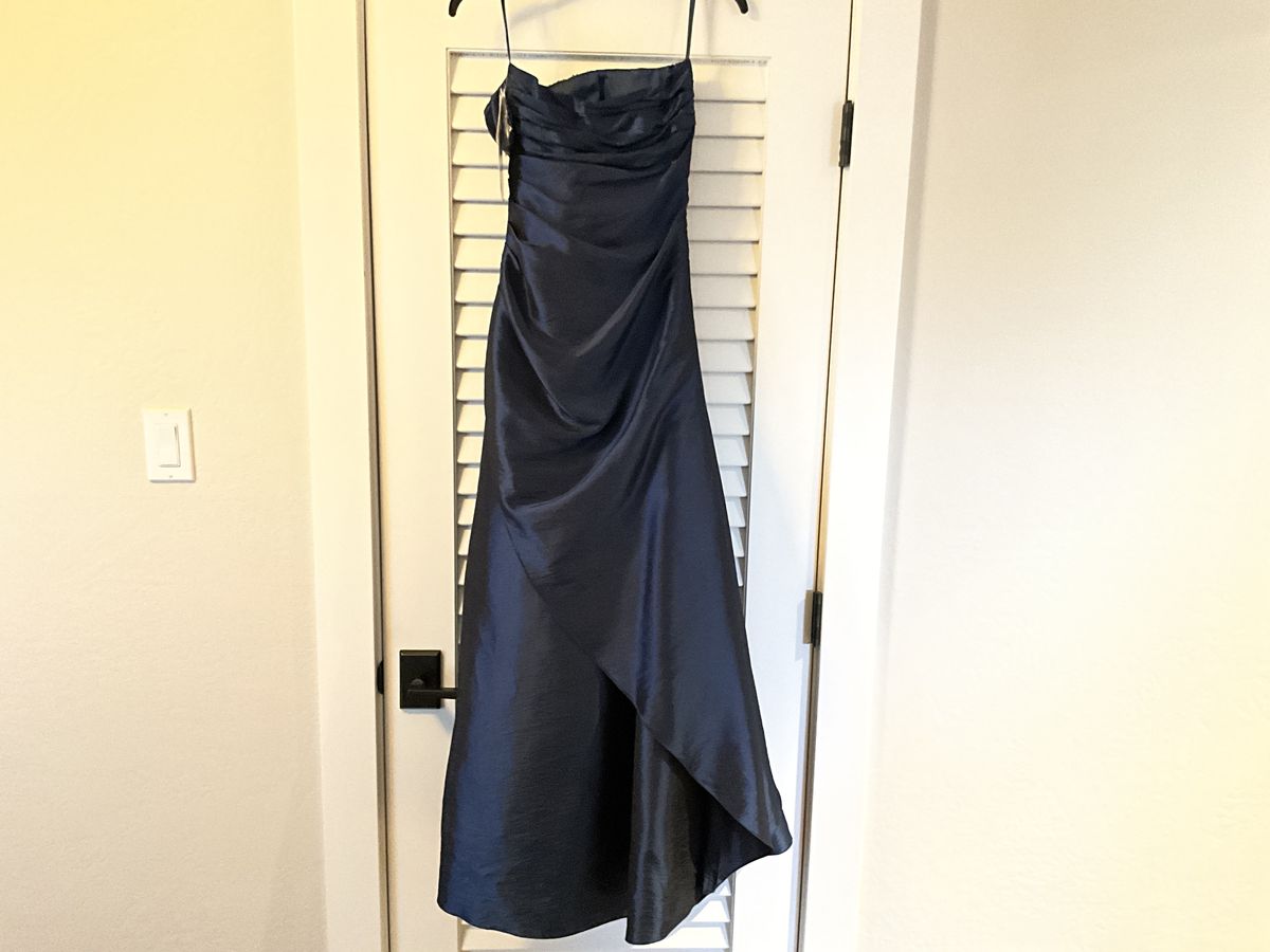 Size 2 Strapless Satin Blue Ball Gown on Queenly