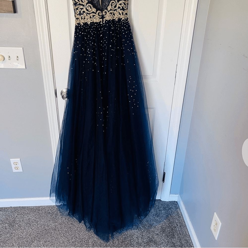 Style 41677 Jovani Size 2 Prom Plunge Sequined Blue Ball Gown on Queenly