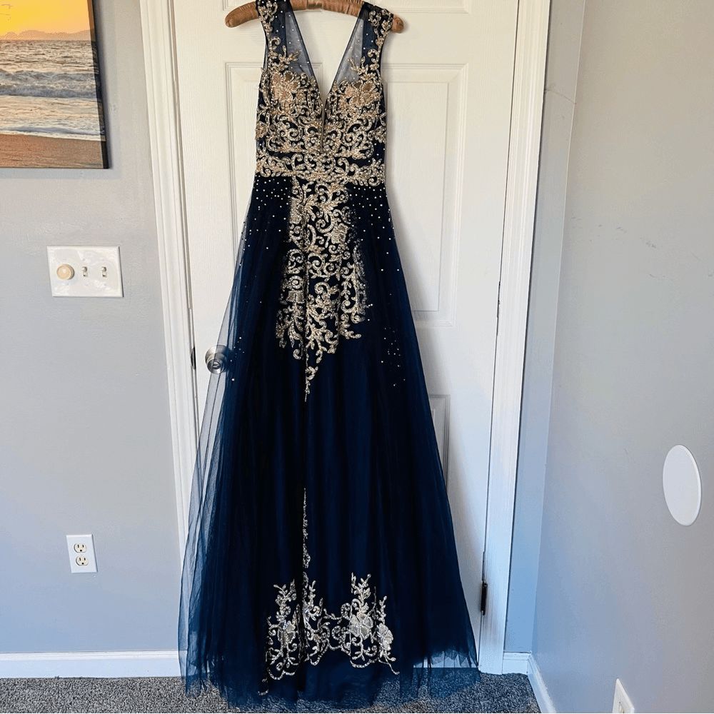 Style 41677 Jovani Size 2 Prom Plunge Sequined Blue Ball Gown on Queenly