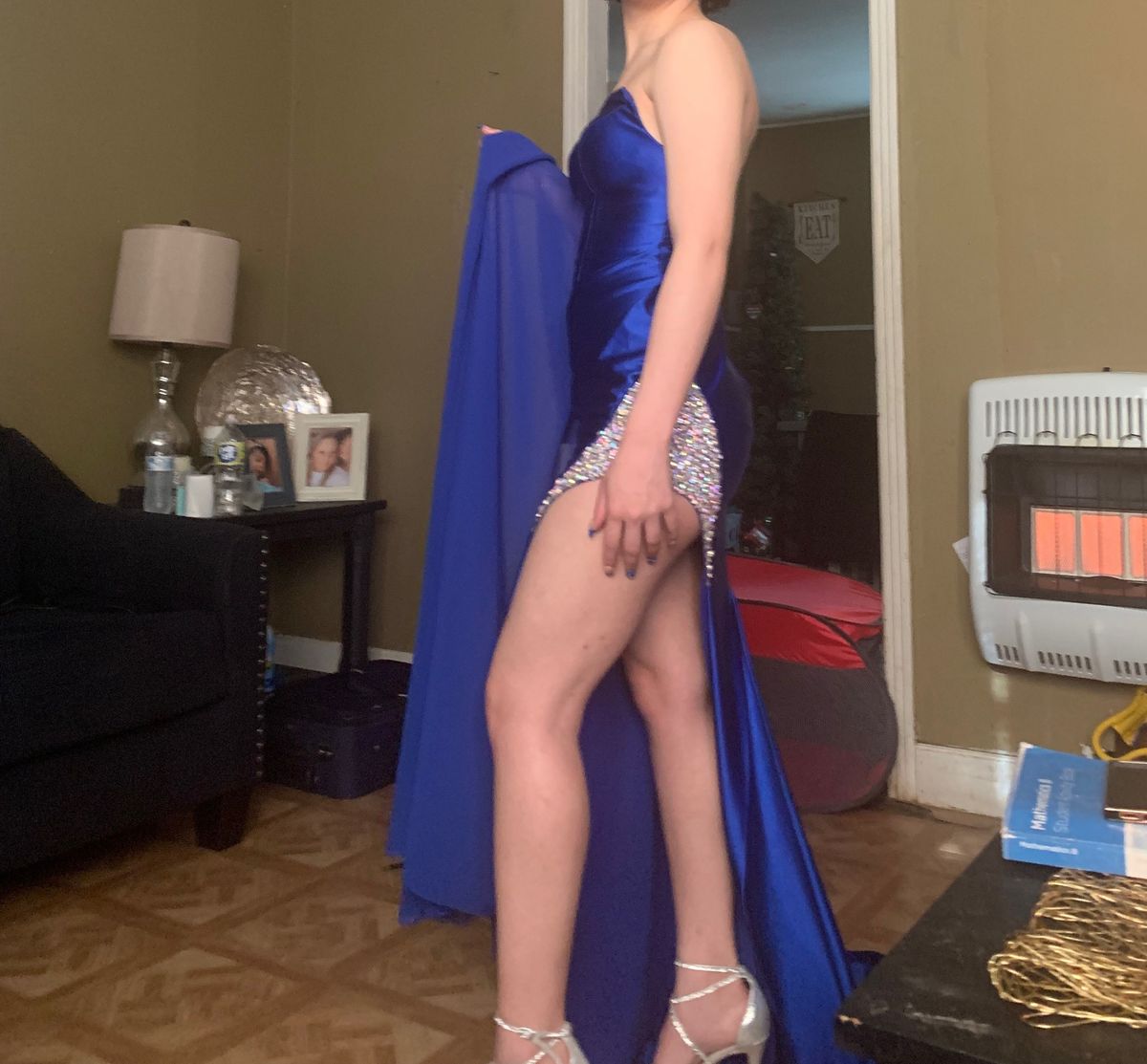Size 00 Prom One Shoulder Sequined Blue Side Slit Dress on Queenly