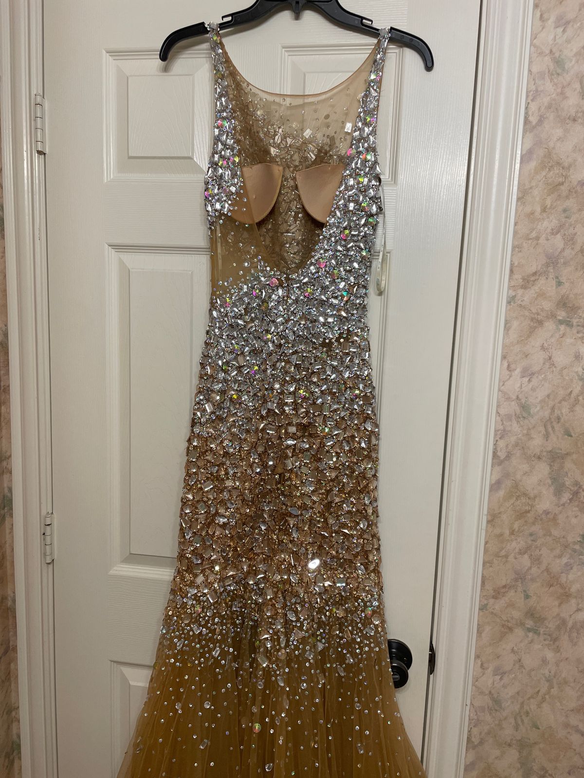 Camille La Vie Size 8 Prom High Neck Sequined Gold A-line Dress on Queenly