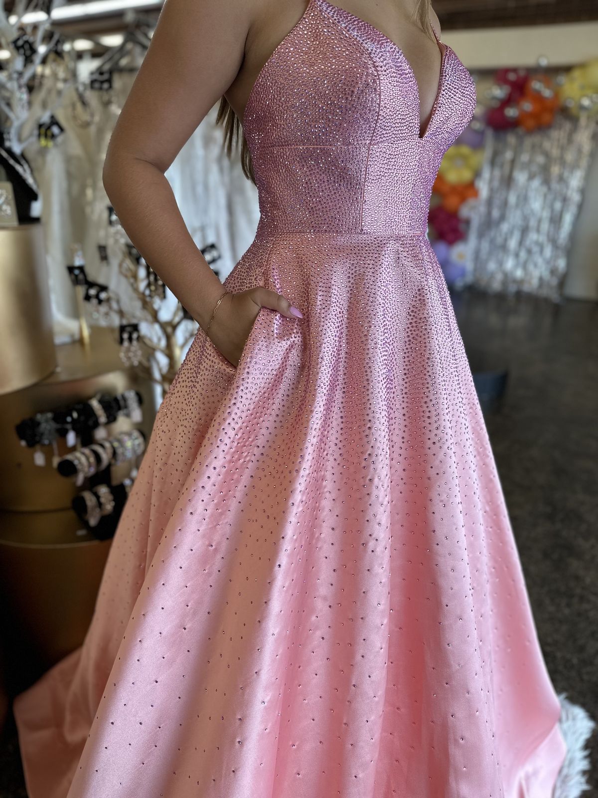 Style 54286 Sherri Hill Size 6 Prom Plunge Pink A-line Dress on Queenly