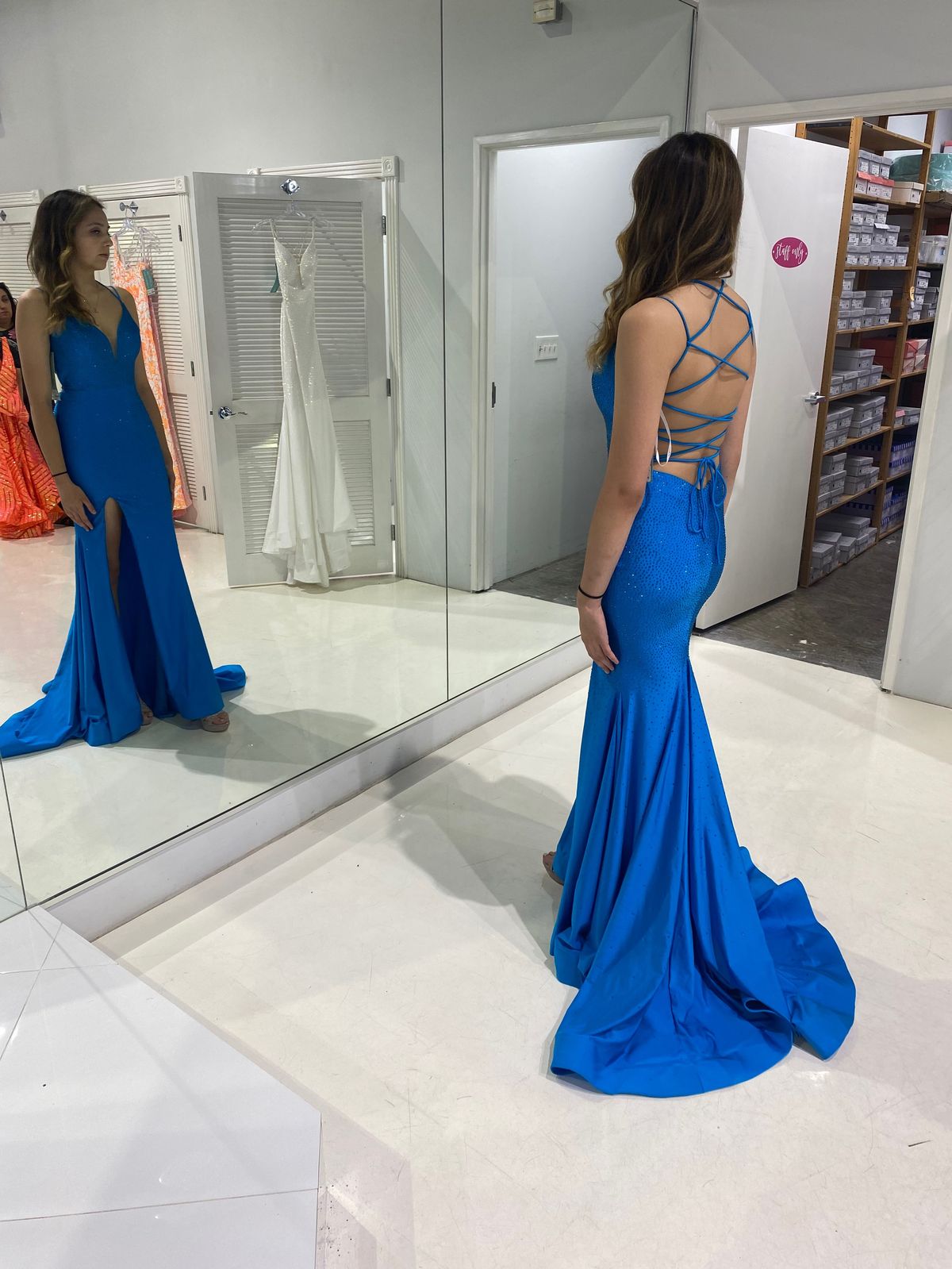 Style 88519 Amarra Size 6 Bridesmaid Plunge Royal Blue Side Slit Dress on Queenly