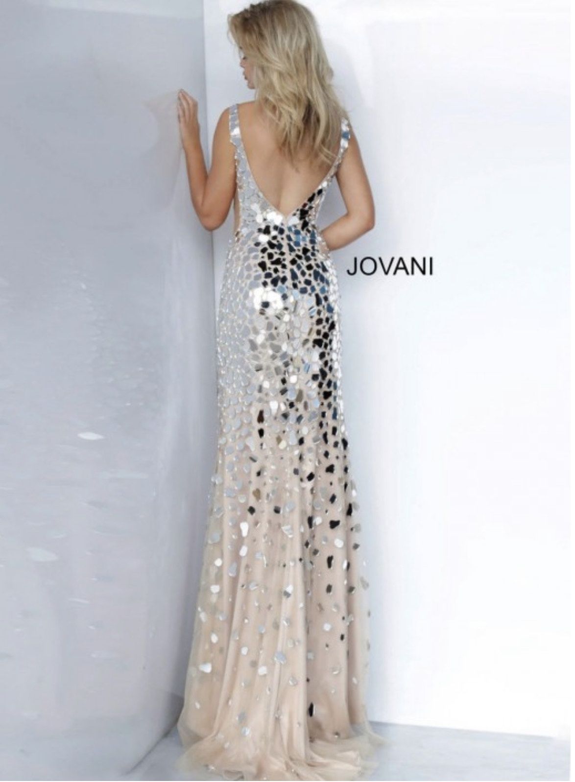 Style 02479 Jovani Size 6 Prom Plunge Sequined Nude A-line Dress on Queenly