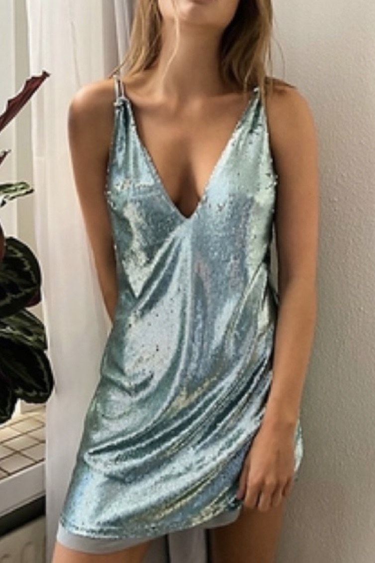Free People Size M Plunge Light Blue Cocktail Dress on Queenly