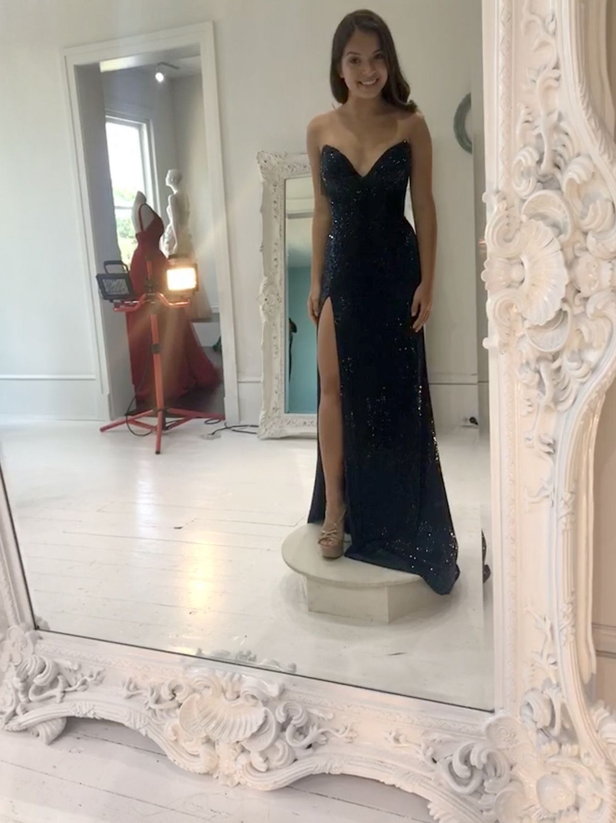 Sherri Hill Size 4 Prom Strapless Sequined Navy Blue Side Slit Dress on Queenly