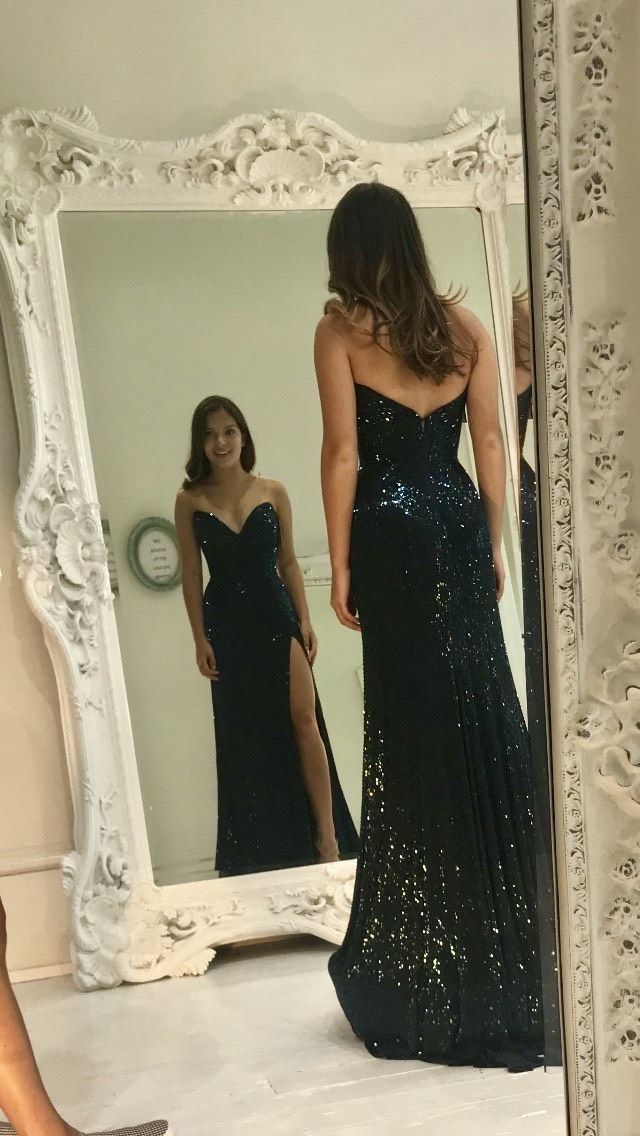 Sherri Hill Size 4 Prom Strapless Sequined Navy Blue Side Slit Dress on Queenly