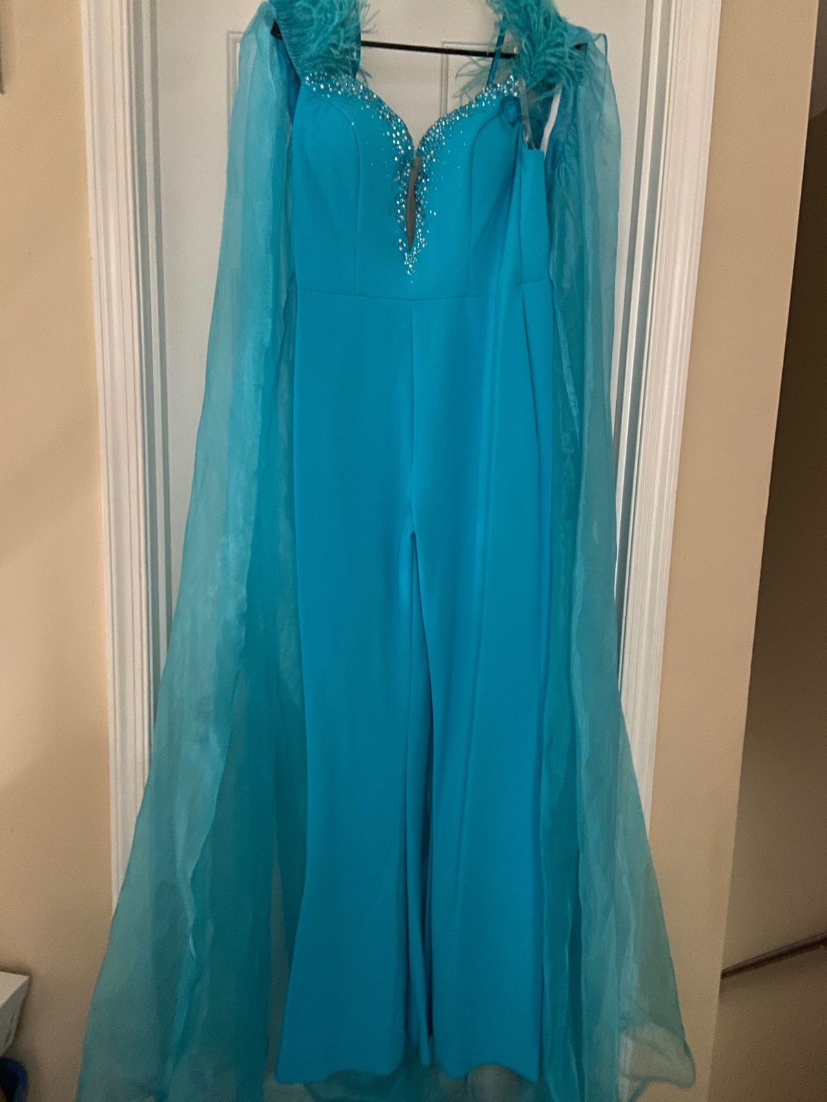 Ashley Lauren Size 10 Fun Fashion Plunge Sequined Blue Formal Jumpsuit on Queenly