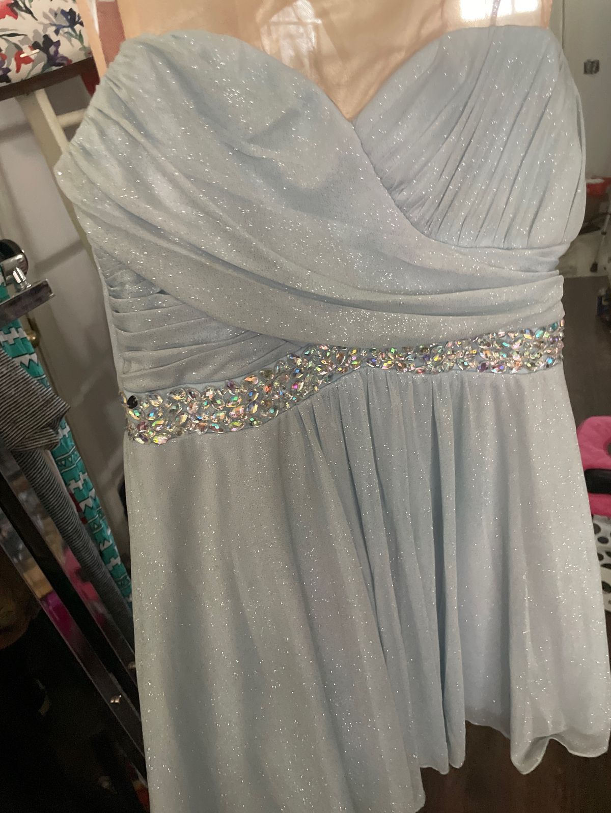 Size 12 Prom High Neck Light Blue Floor Length Maxi on Queenly