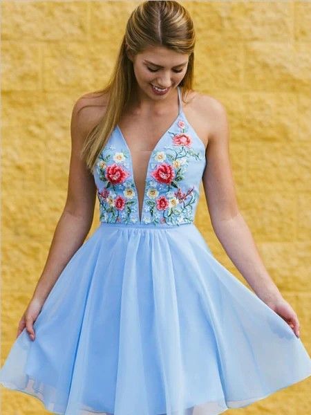 Style 10150 Faviana Size 6 Floral Blue A-line Dress on Queenly