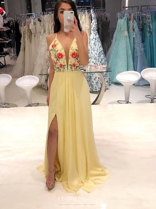 Style 10000 Faviana Size 6 Plunge Satin Yellow A-line Dress on Queenly