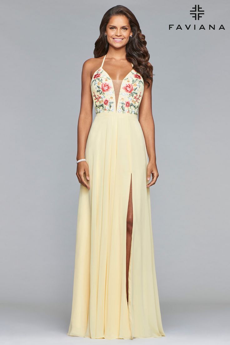 Style 10000 Faviana Size 6 Plunge Satin Yellow A-line Dress on Queenly