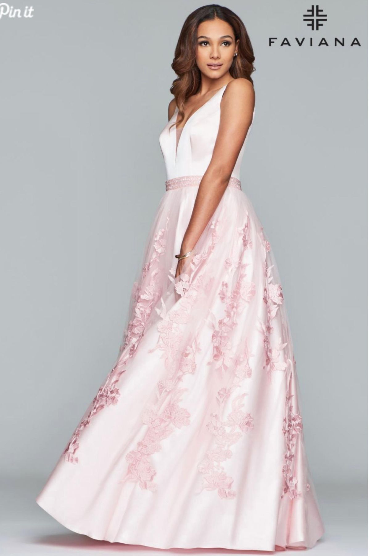 Style 1-2663386456-649 FAVIANA Size 2 Bridesmaid Plunge Floral Light Pink A-line Dress on Queenly