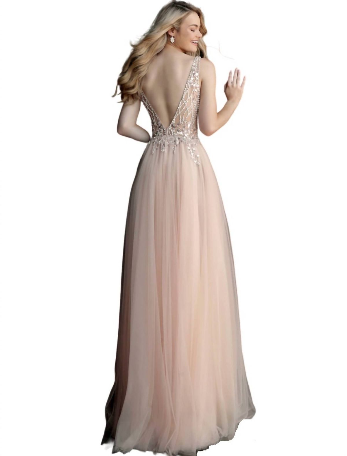 Style 1-1258987462-1901 JOVANI Size 6 Prom Long Sleeve Sequined Nude Side Slit Dress on Queenly