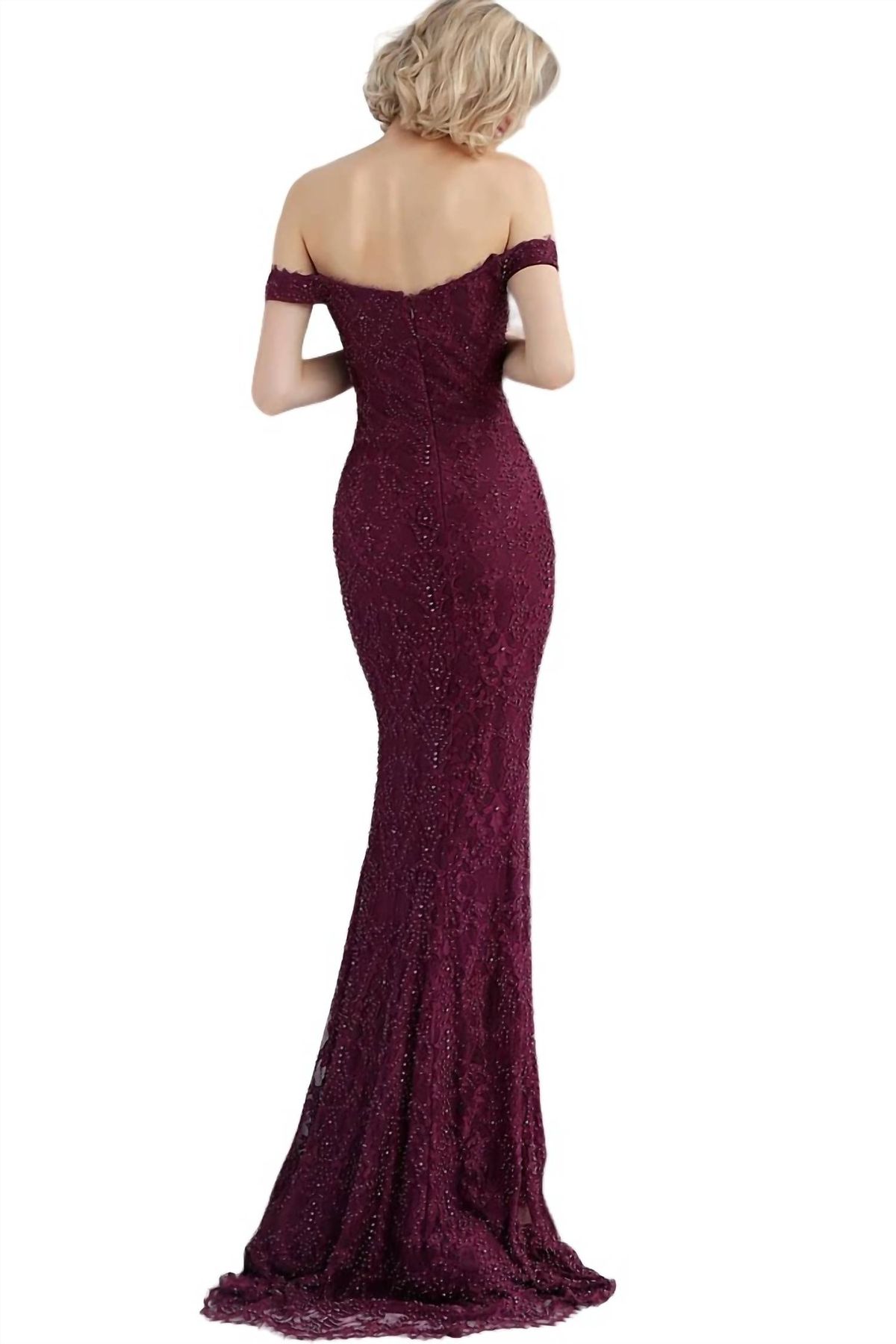 Style 1-1386426477-397 JOVANI Size 14 Prom Off The Shoulder Lace Burgundy Red Floor Length Maxi on Queenly