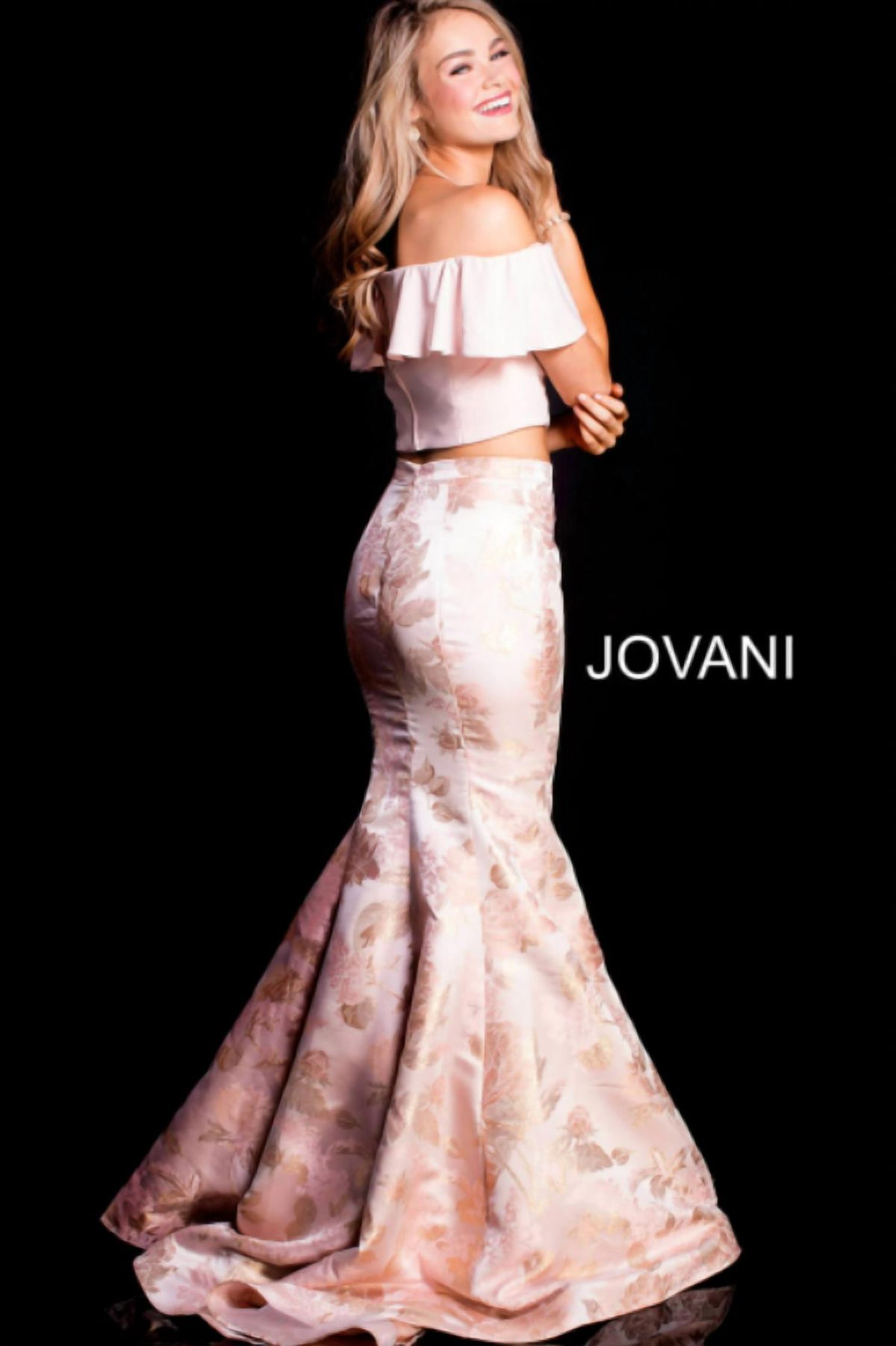 Style 1-2486668612-6 JOVANI Size 0 Prom Off The Shoulder Floral Light Pink Mermaid Dress on Queenly