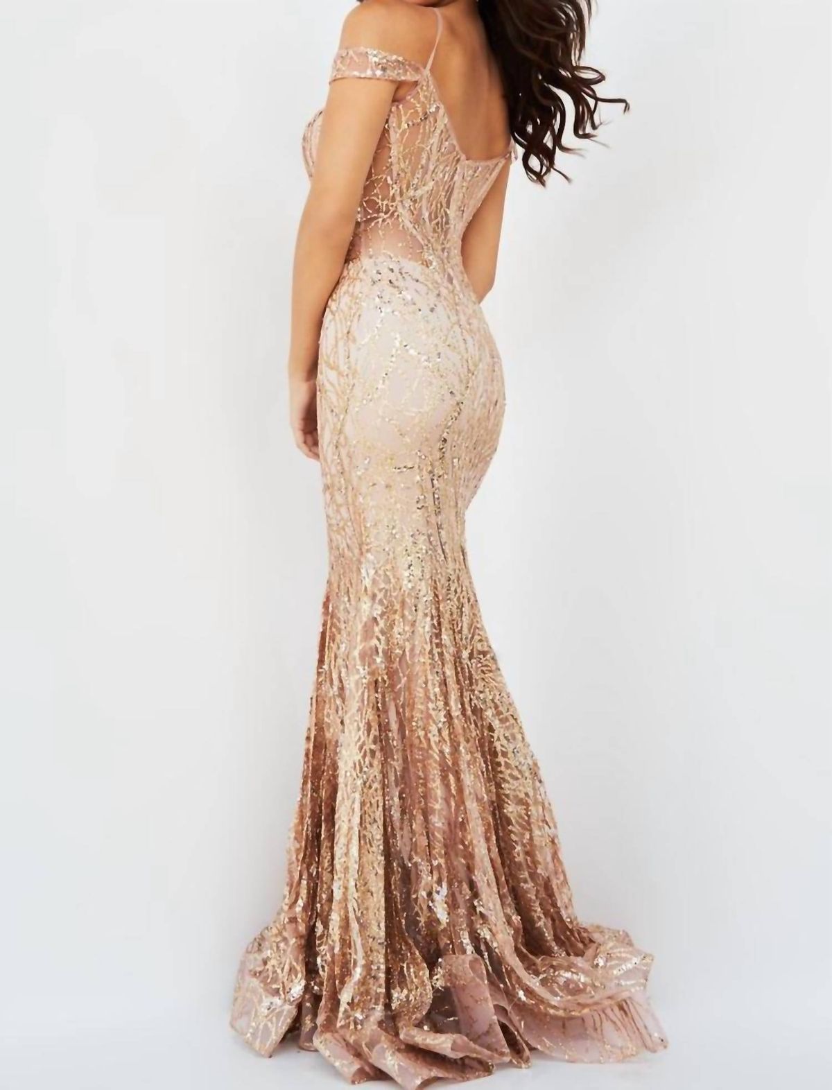 Style 1-3411578531-2168 JOVANI Size 8 Prom Plunge Sheer Gold Mermaid Dress on Queenly