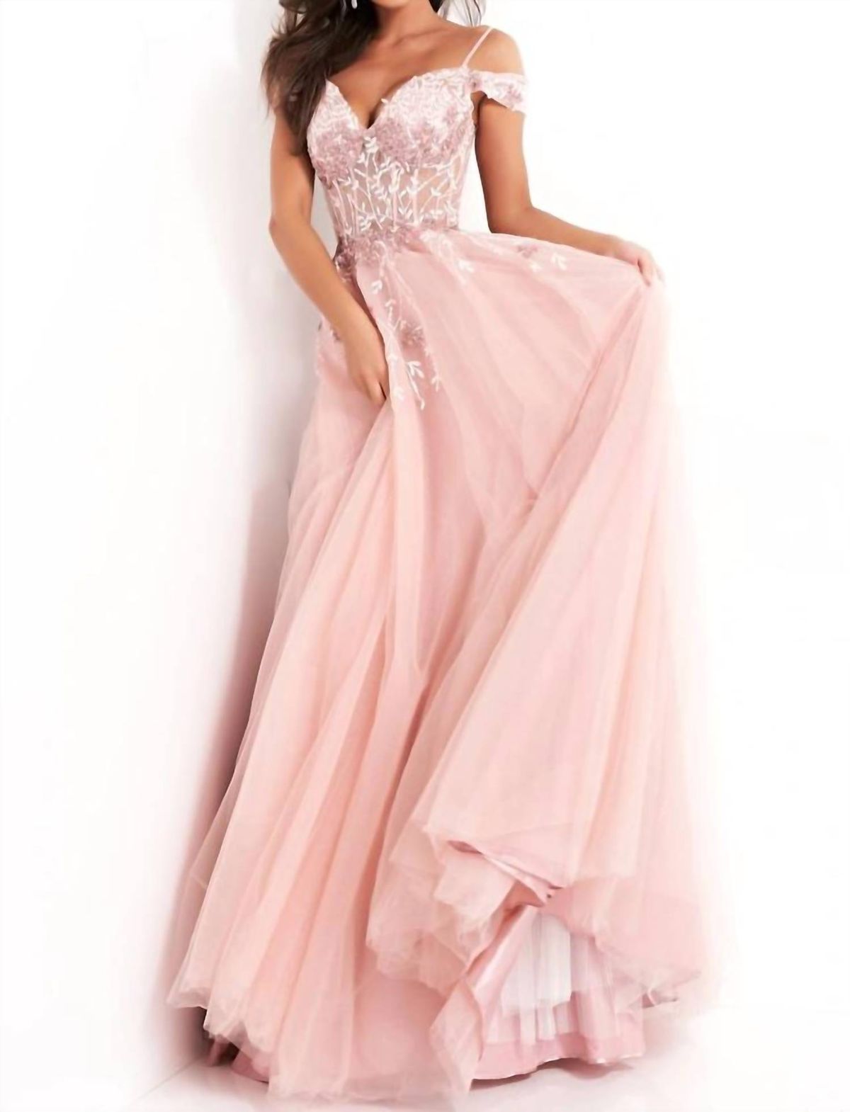 Style 1-3958283038-98 JOVANI Size 10 Prom Off The Shoulder Lace Pink A-line Dress on Queenly