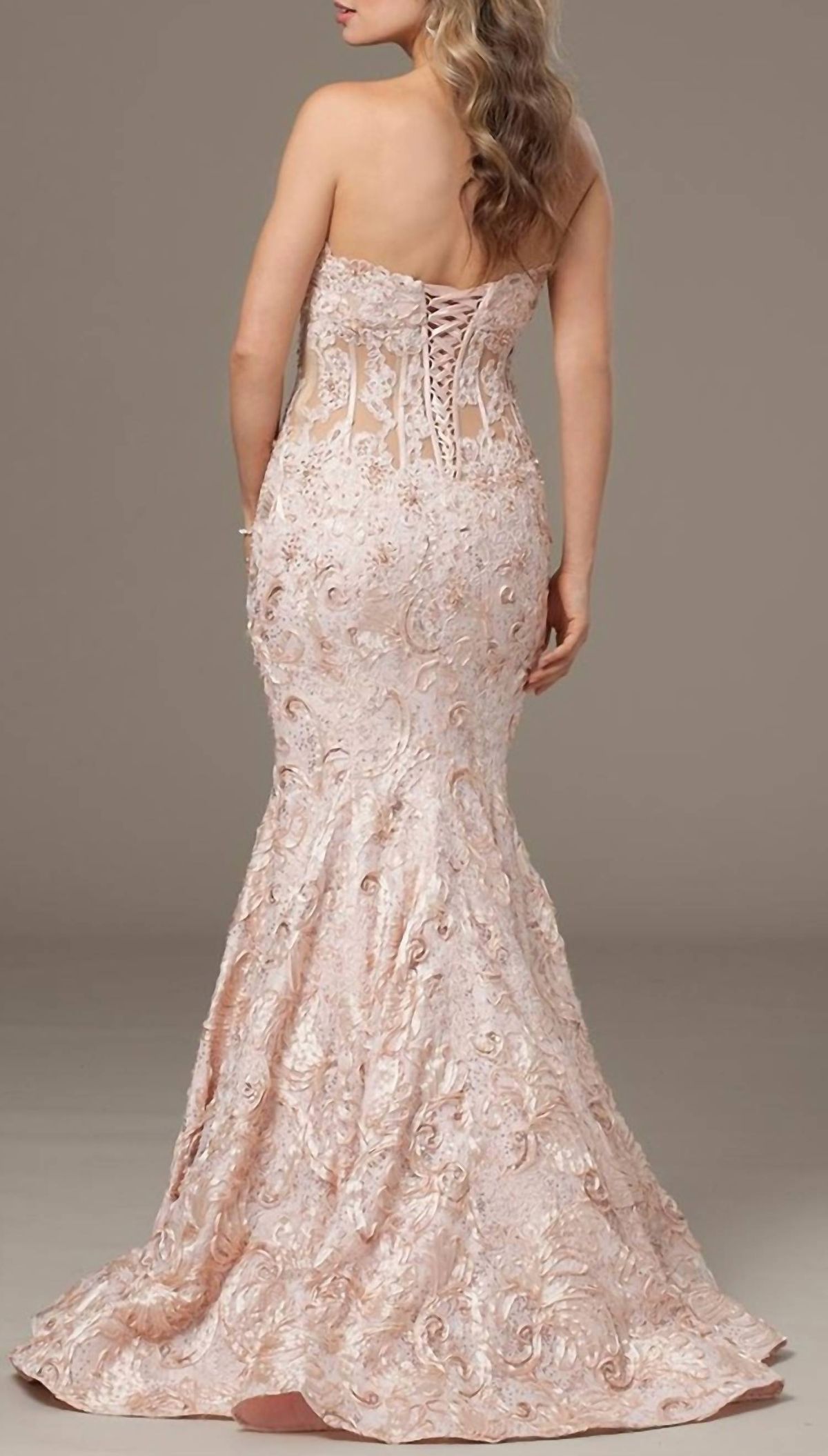 Style 1-4256952725-1901 JOVANI Size 6 Prom Strapless Lace Light Pink Mermaid Dress on Queenly