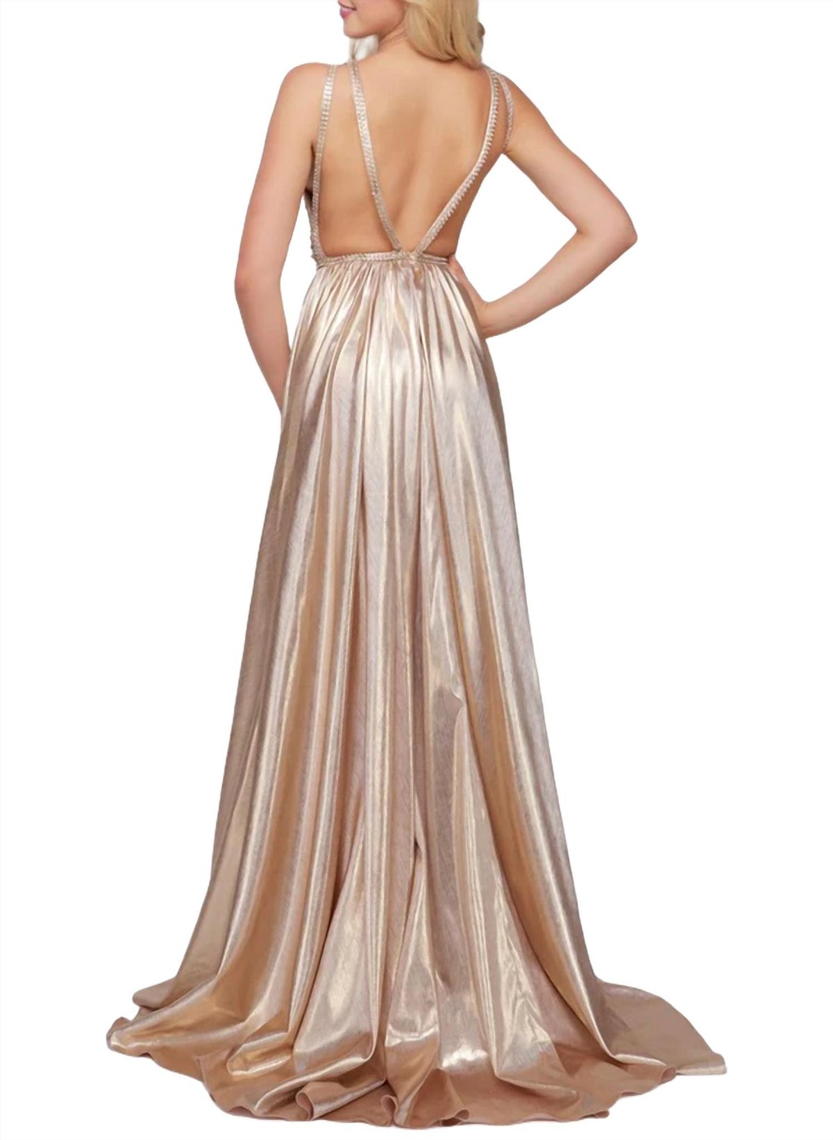 Style 1-3063648626-1498 MAC DUGGAL Size 4 Prom Plunge Sequined Gold Side Slit Dress on Queenly