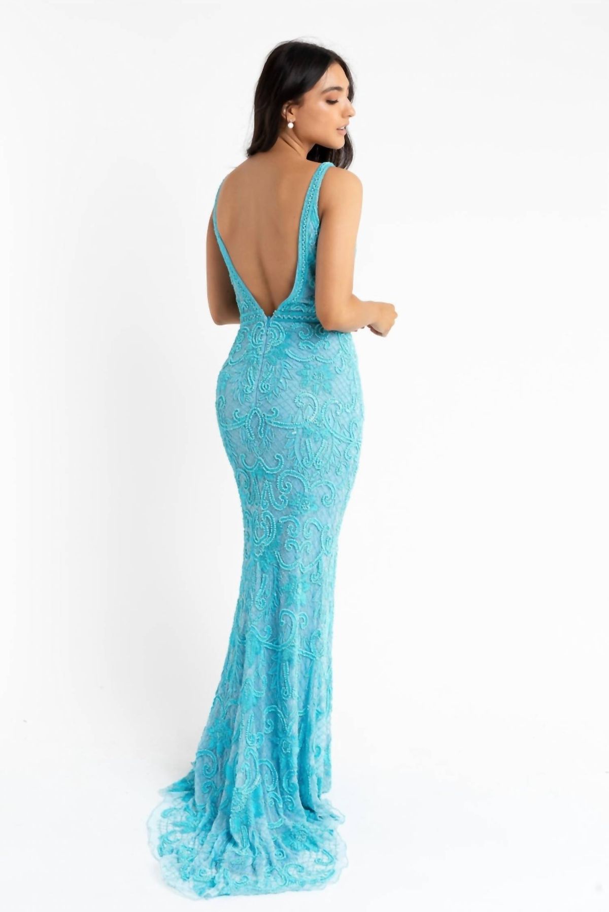 Style 1-1421796868-98 Primavera Size 10 Prom Sequined Blue Side Slit Dress on Queenly