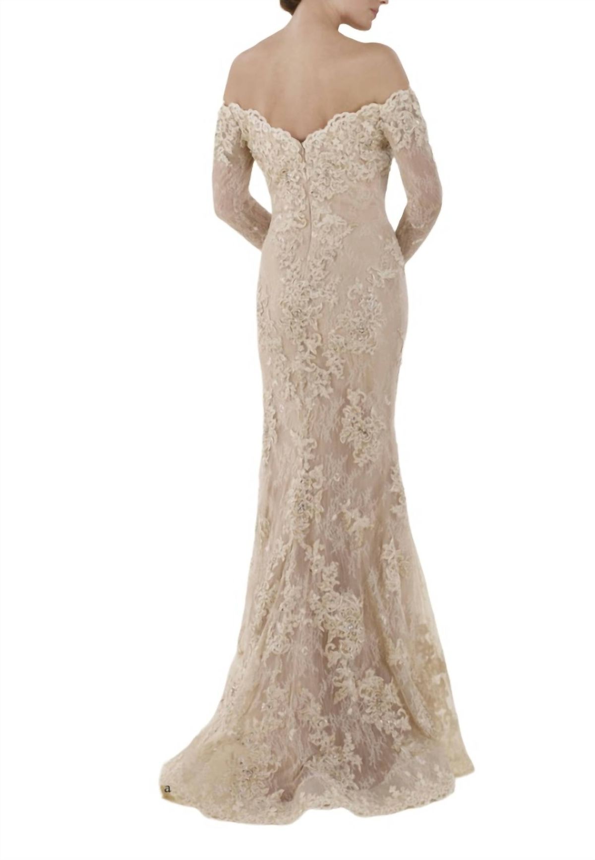 Style 1-1923095778-397 Rina Di Montella Size 14 Wedding Long Sleeve Lace Gold Mermaid Dress on Queenly