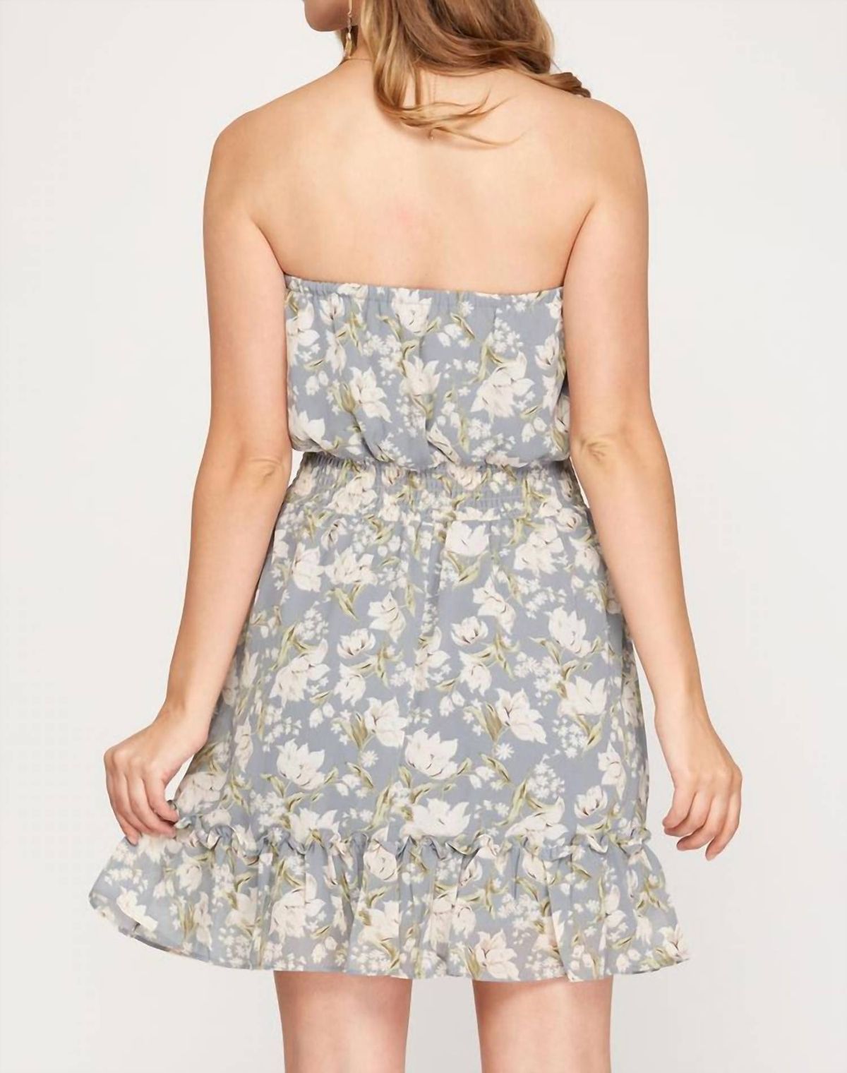 Style 1-2557493493-2791 SHE + SKY Size L Strapless Floral Blue Cocktail Dress on Queenly
