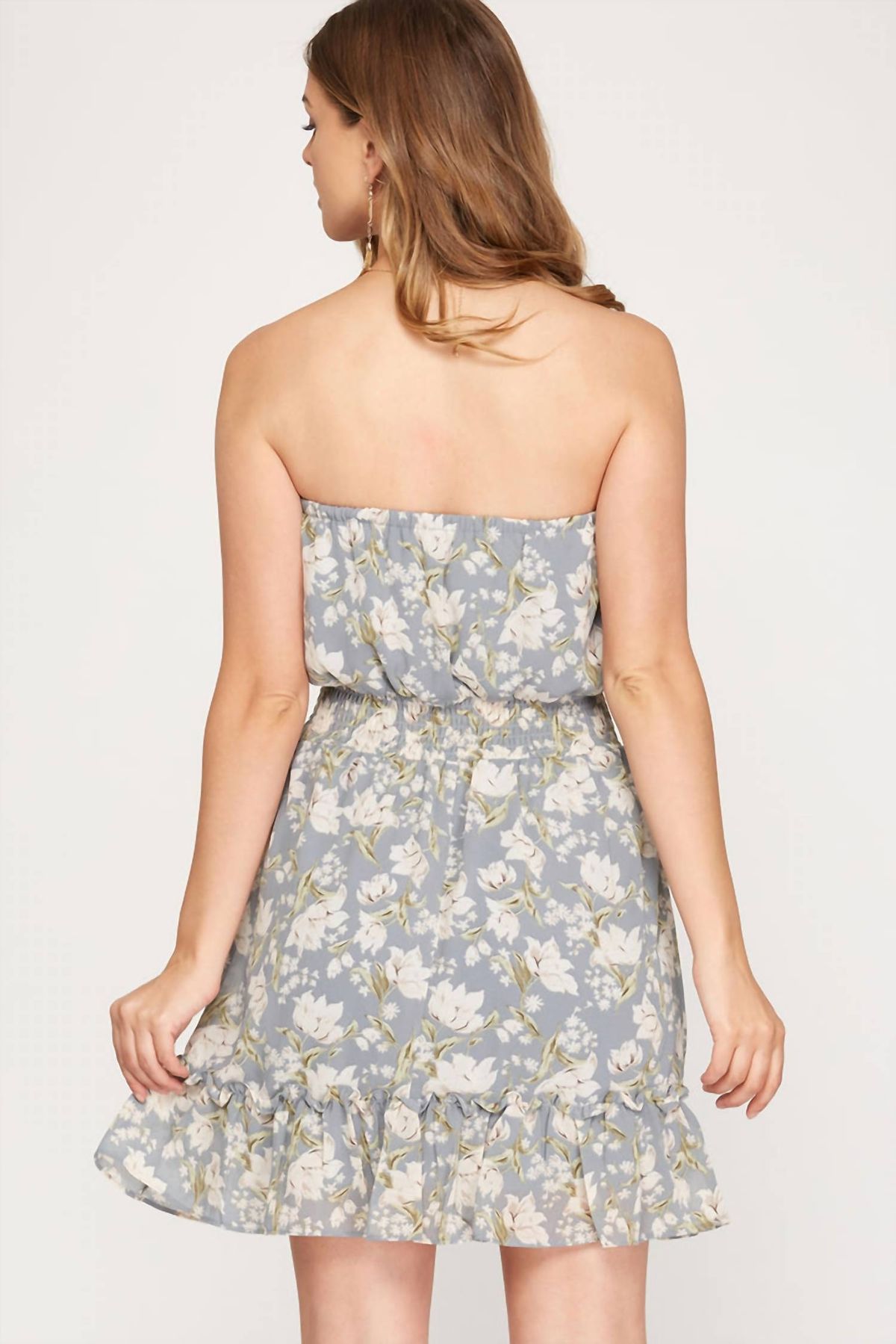 Style 1-2557493493-3471 SHE + SKY Size S Strapless Floral Blue Cocktail Dress on Queenly