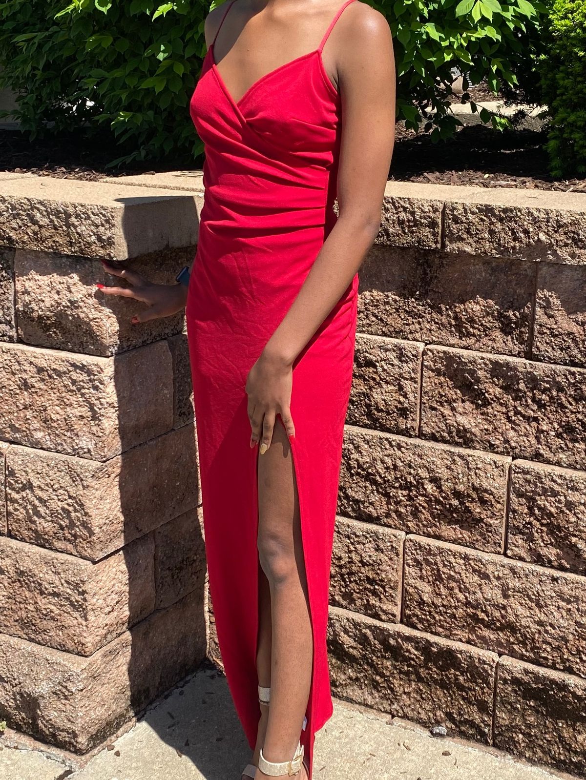 Size S Prom Plunge Red Side Slit Dress on Queenly