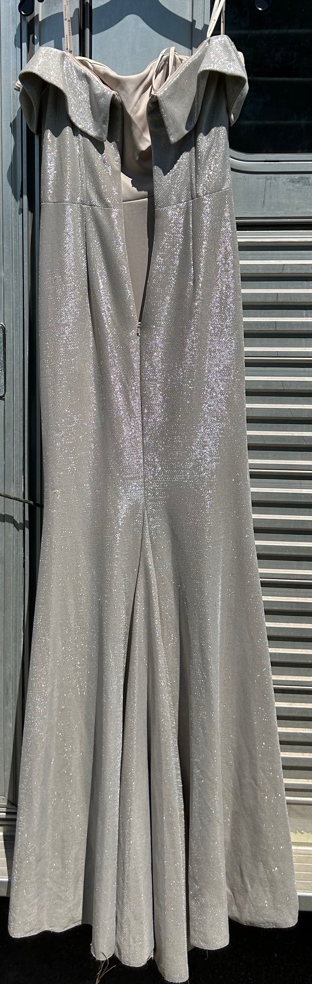 Faviana Size 8 Prom Off The Shoulder Silver Side Slit Dress on Queenly