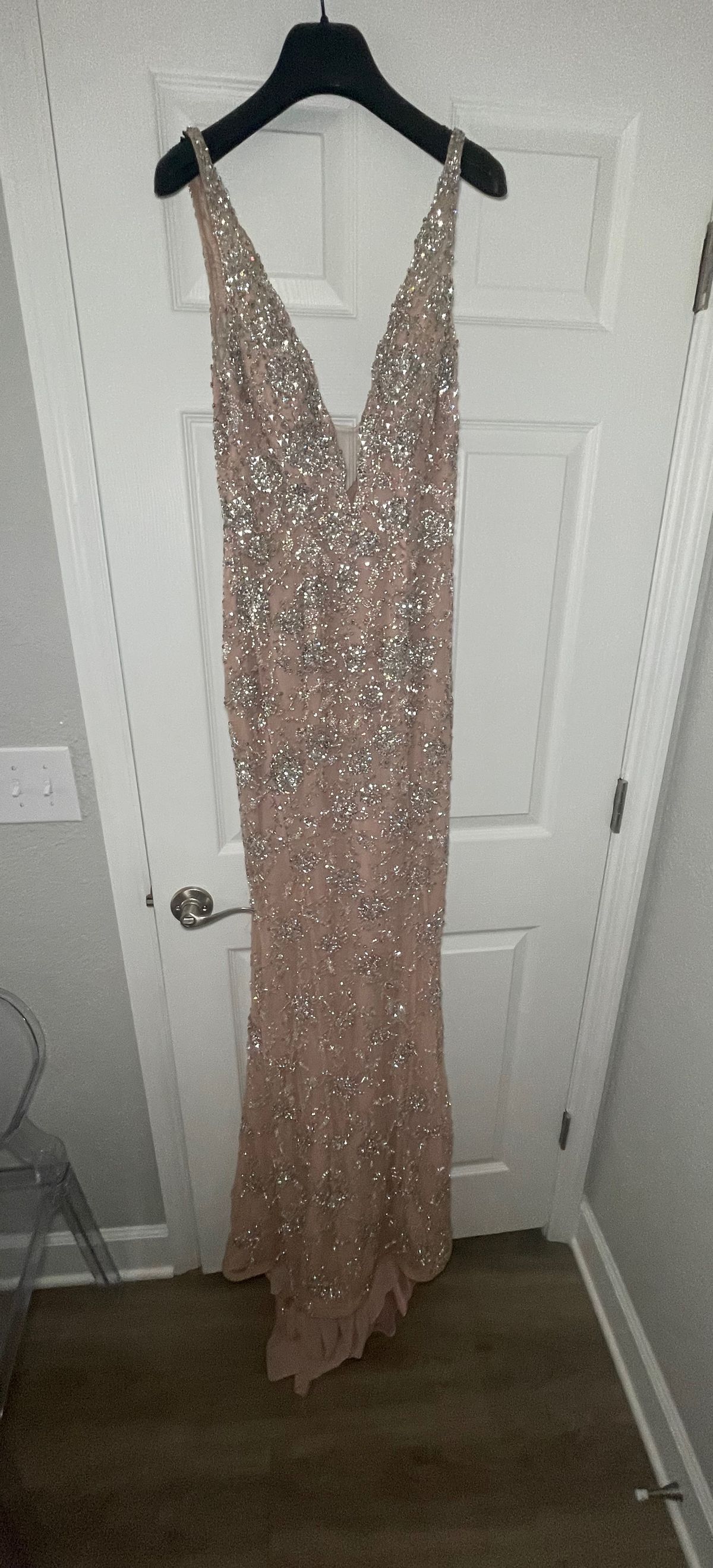 Jovani Size 4 Prom Plunge Satin Nude Floor Length Maxi on Queenly