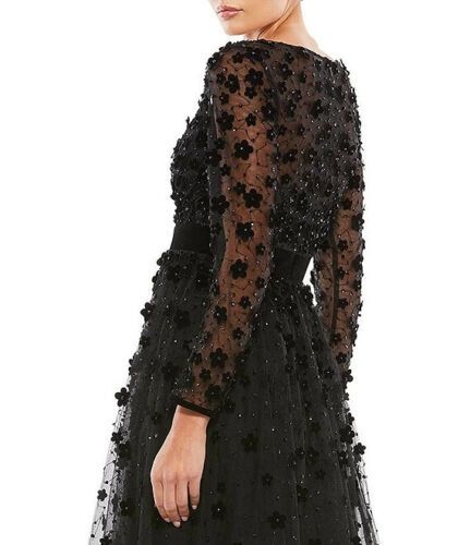 Mac Duggal Size 6 Long Sleeve Floral Black A-line Dress on Queenly