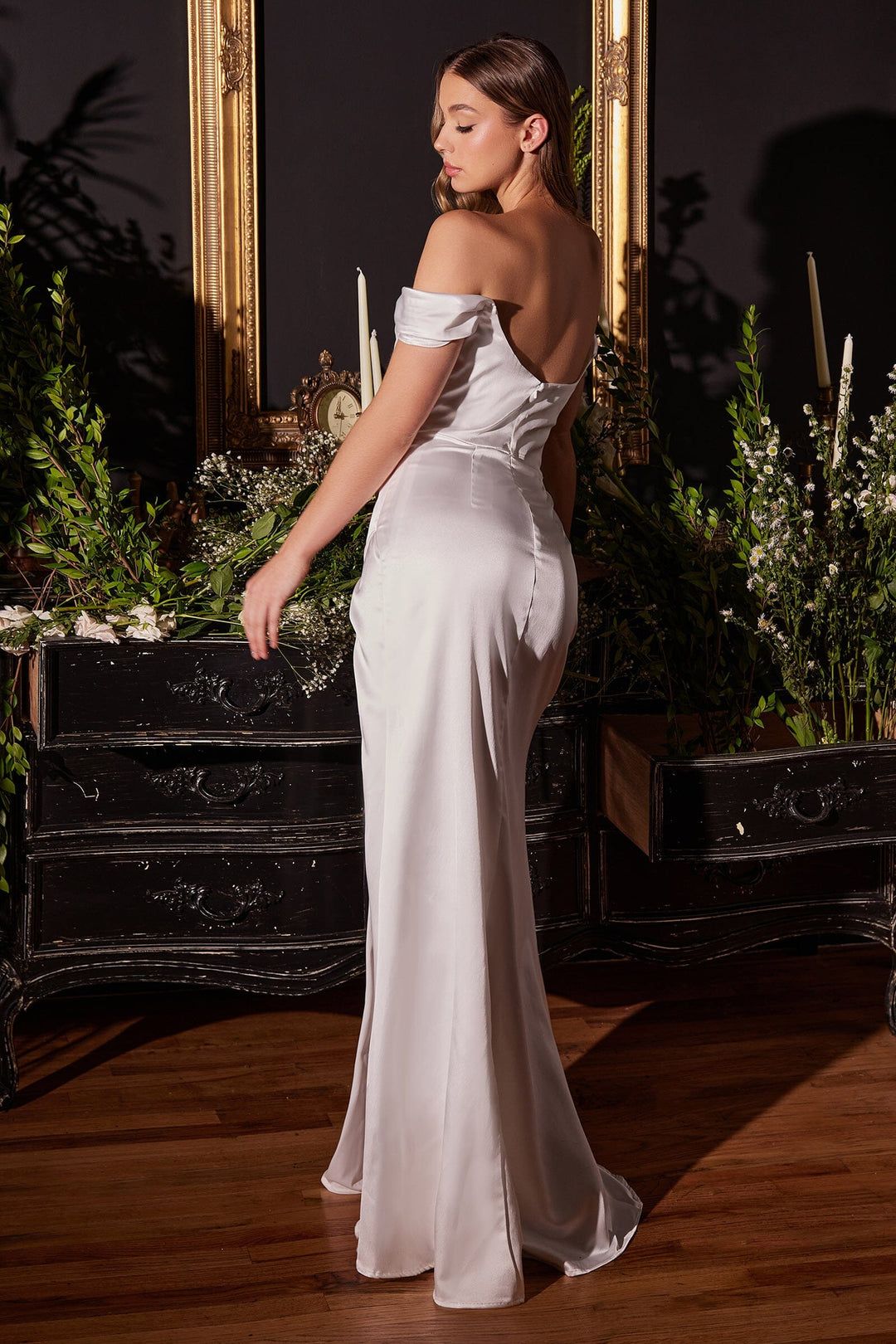 Style 7492W Cinderella Divine Size 12 Off The Shoulder White Side Slit Dress on Queenly