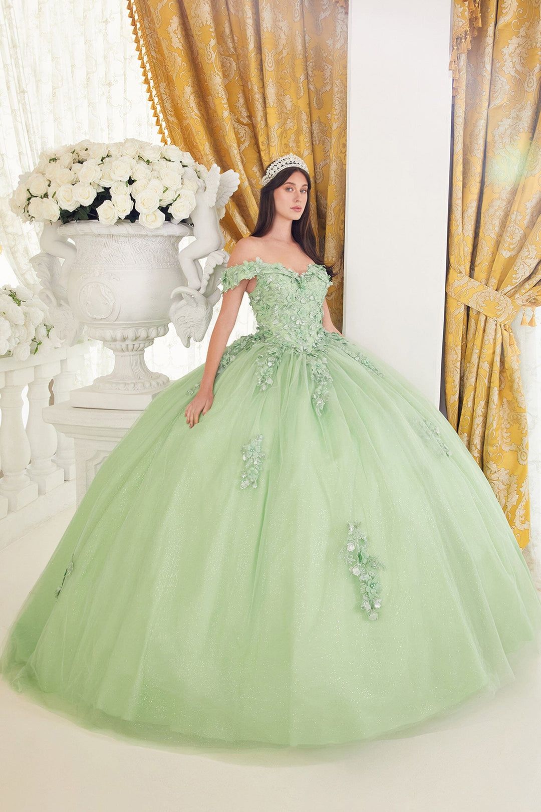 Style 15710 Cinderella Divine Size XS Pageant Off The Shoulder Floral Green Ball Gown on Queenly