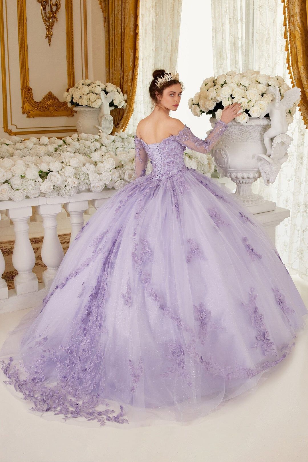 Style 15706 Cinderella Divine Size L Pageant Long Sleeve Floral Purple Ball Gown on Queenly