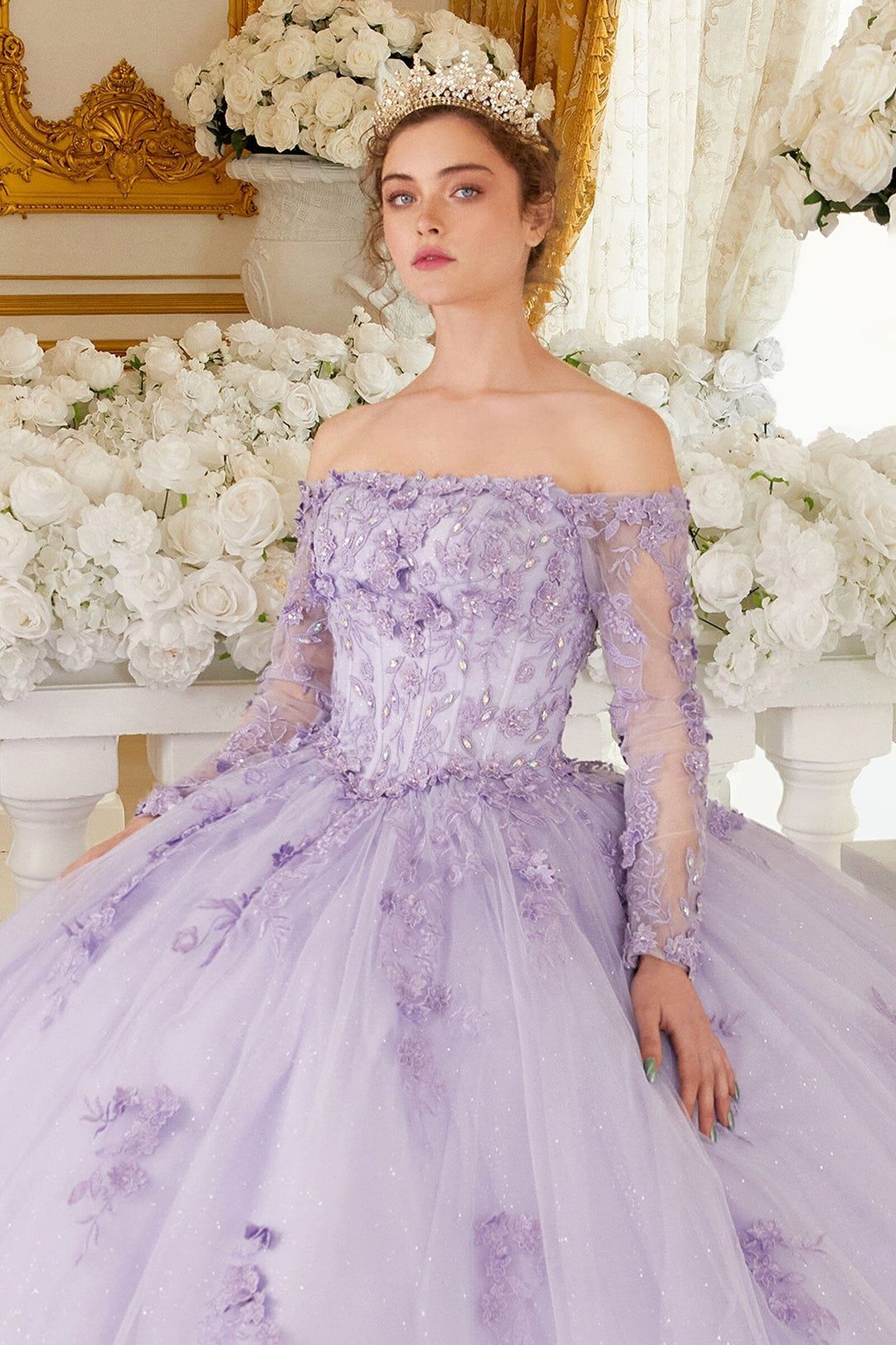 Style 15706 Cinderella Divine Size XS Pageant Long Sleeve Floral Purple Ball Gown on Queenly