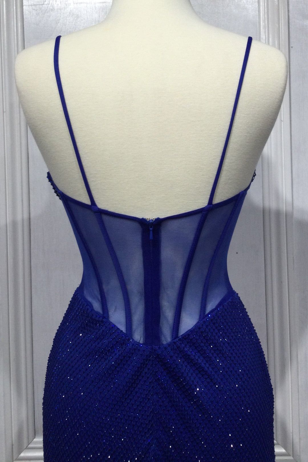 Style CD267 Cinderella Divine Size 12 Long Sleeve Sheer Royal Blue Side Slit Dress on Queenly