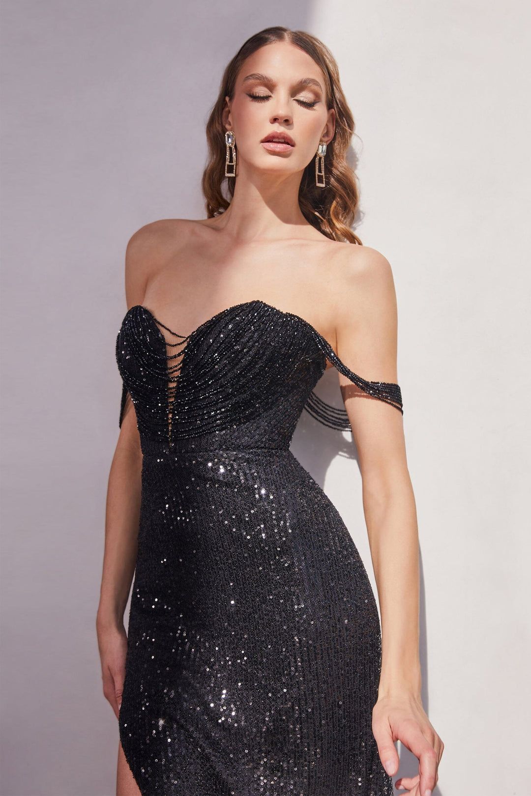 Style CD290 Cinderella Divine Plus Size 16 Plunge Black Side Slit Dress on Queenly