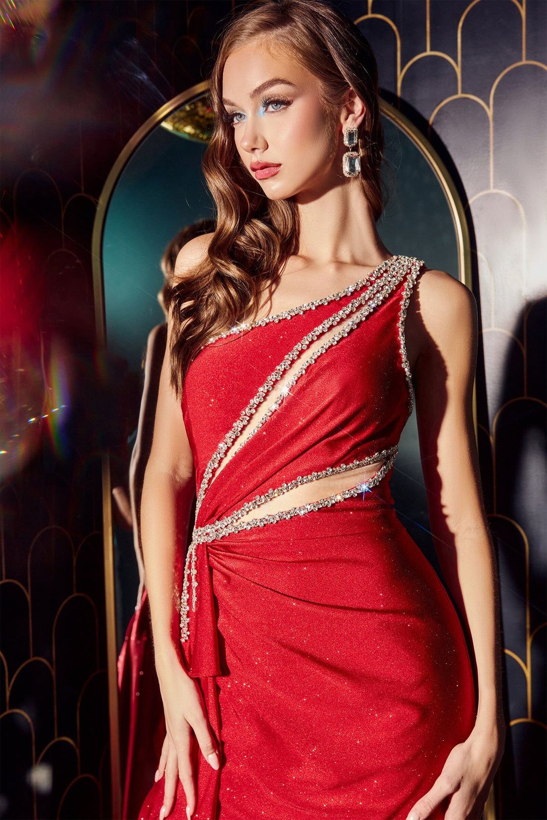 Style CDS427 Cinderella Divine Size 6 One Shoulder Sheer Red Side Slit Dress on Queenly