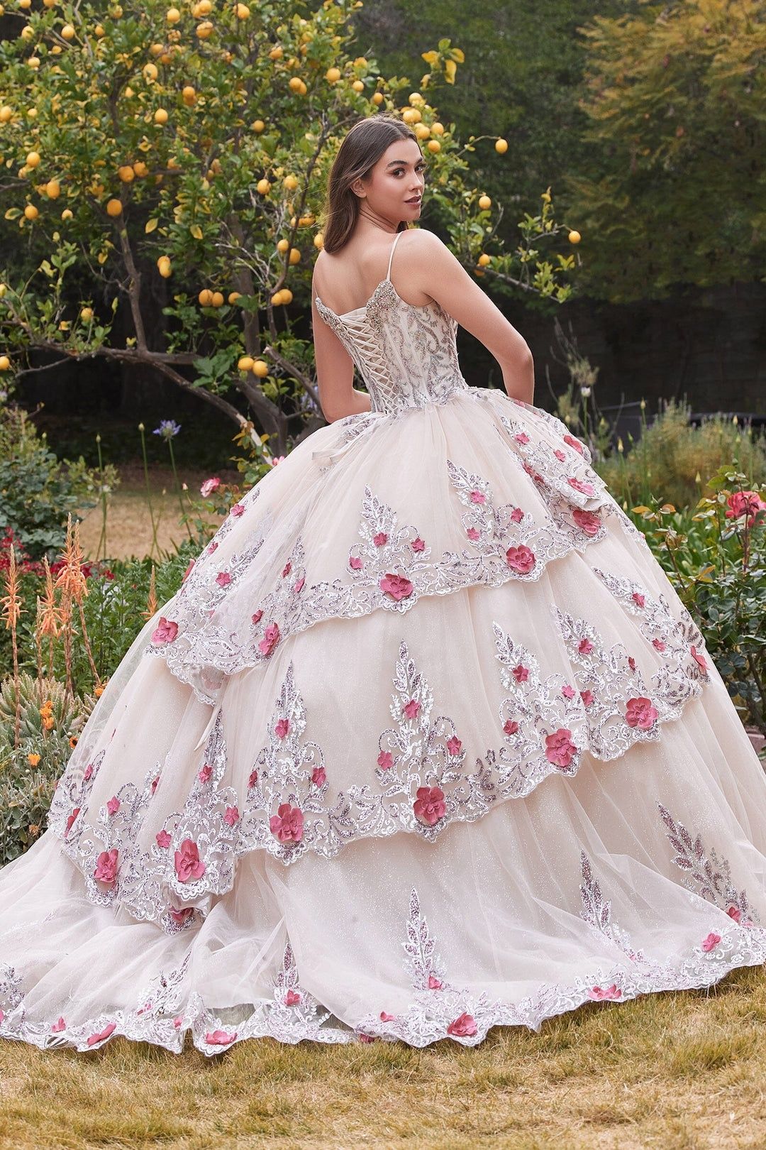 Style 15703 Cinderella Divine Size S Pageant Long Sleeve Floral Nude Ball Gown on Queenly