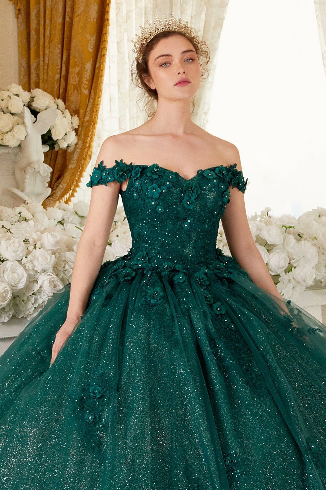 Style 15702 Cinderella Divine Size XS Pageant Off The Shoulder Floral Emerald Green Ball Gown on Queenly