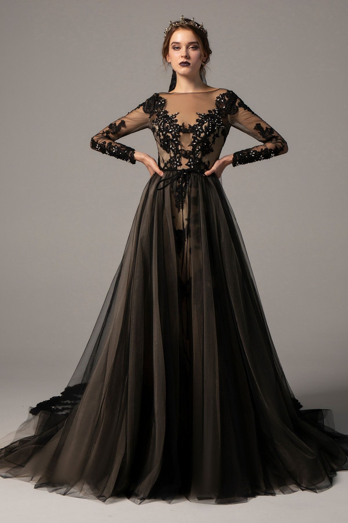Style CW2319 Classic Cocomelody Size 12 Prom Long Sleeve Lace Black Floor Length Maxi on Queenly