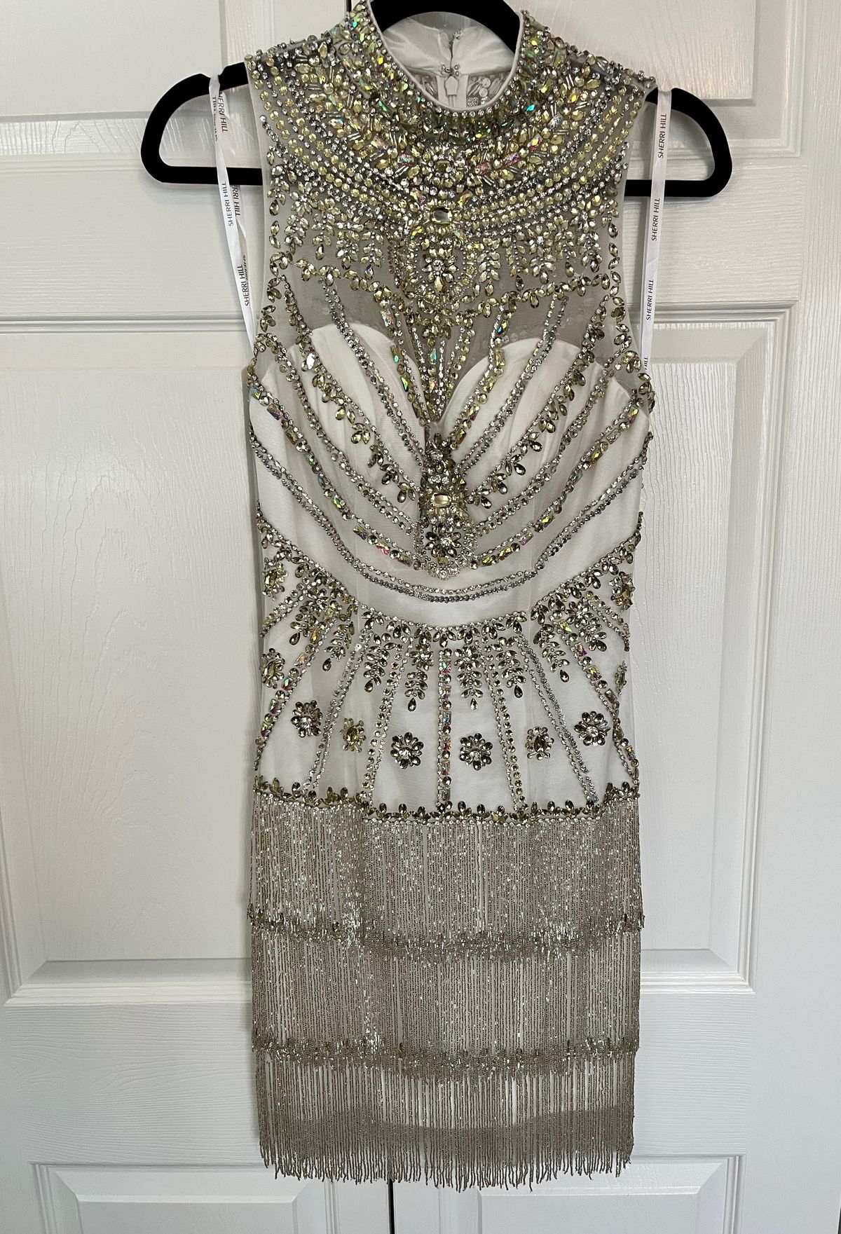Sherri Hill Size 6 High Neck Sequined White Cocktail Dress on Queenly