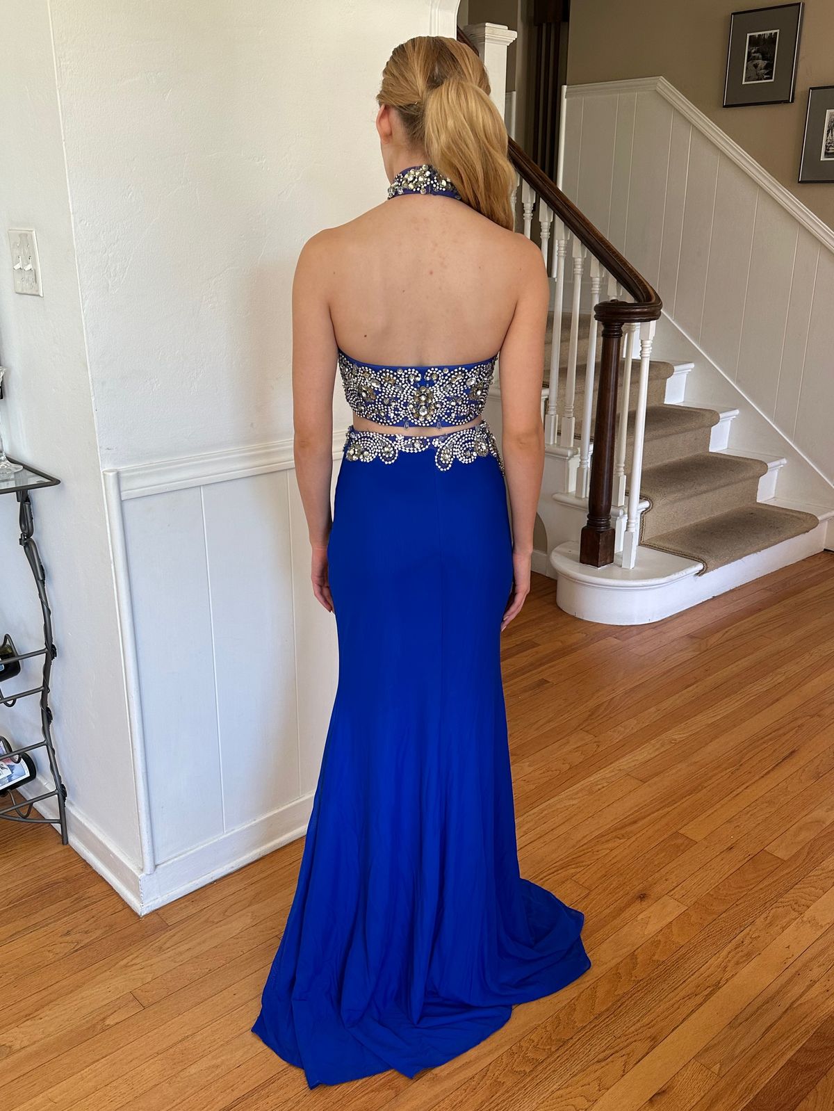 Jovani Size 0 Prom High Neck Blue Floor Length Maxi on Queenly
