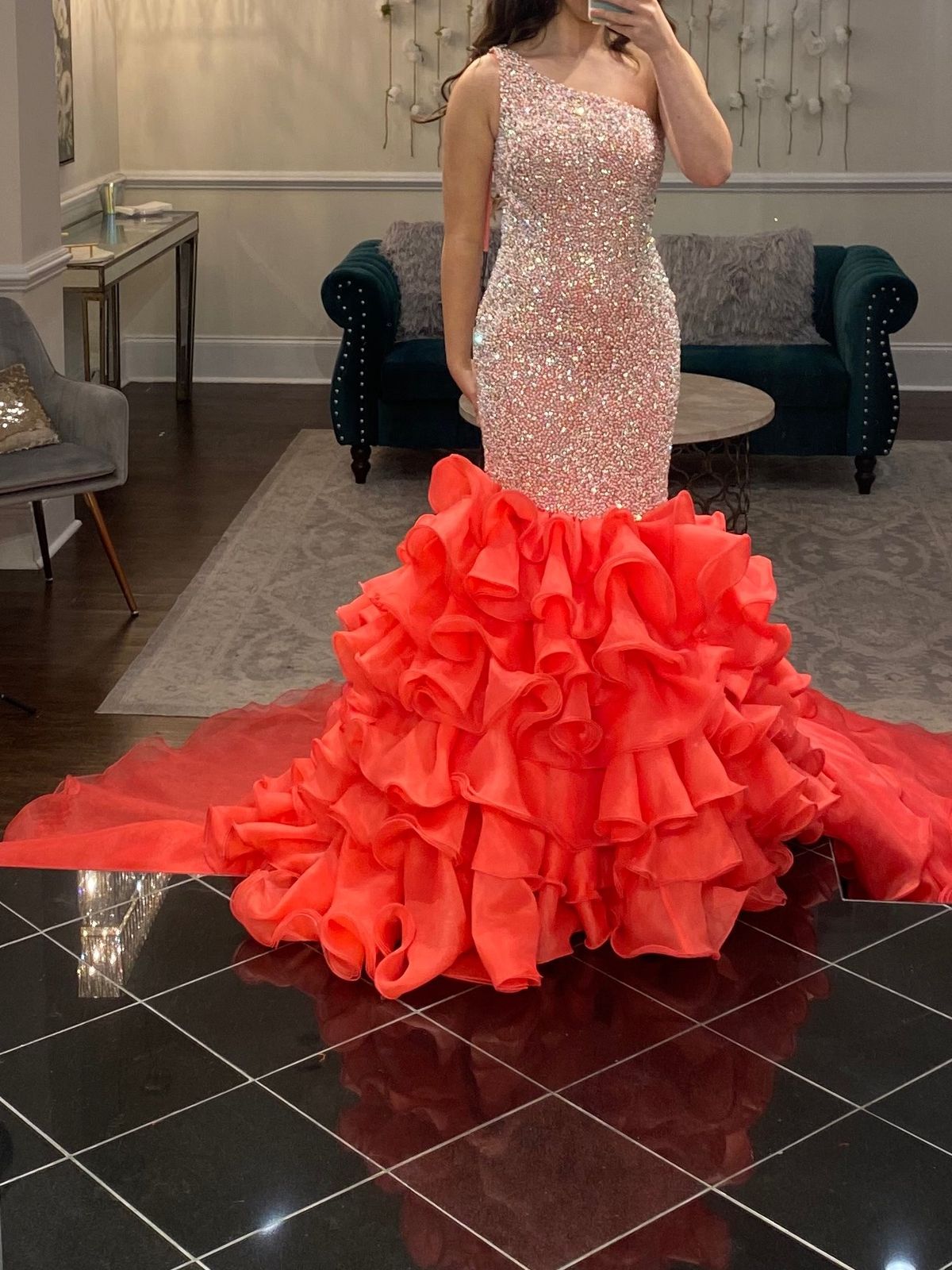 Ashley Lauren Size 6 Prom One Shoulder Sequined Coral Mermaid Dress on Queenly