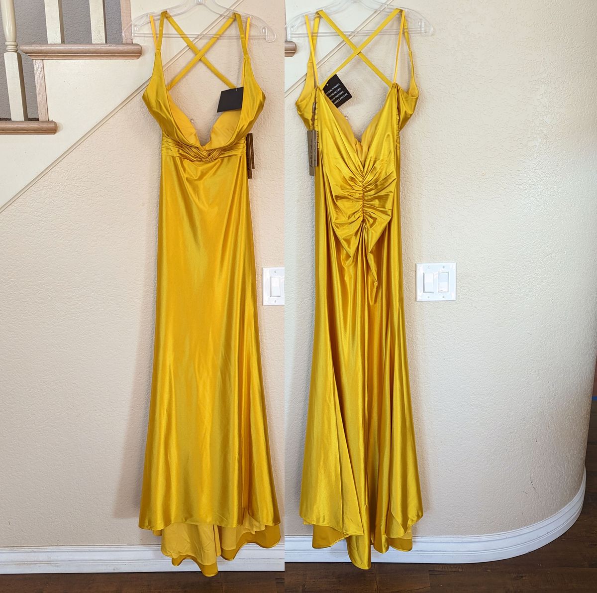 Style Marigold Yellow Deep V-Neck Open Back Satin Prom Mermaid Formal Dress Amelia Size 4 Homecoming Plunge Yellow Mermaid Dress on Queenly